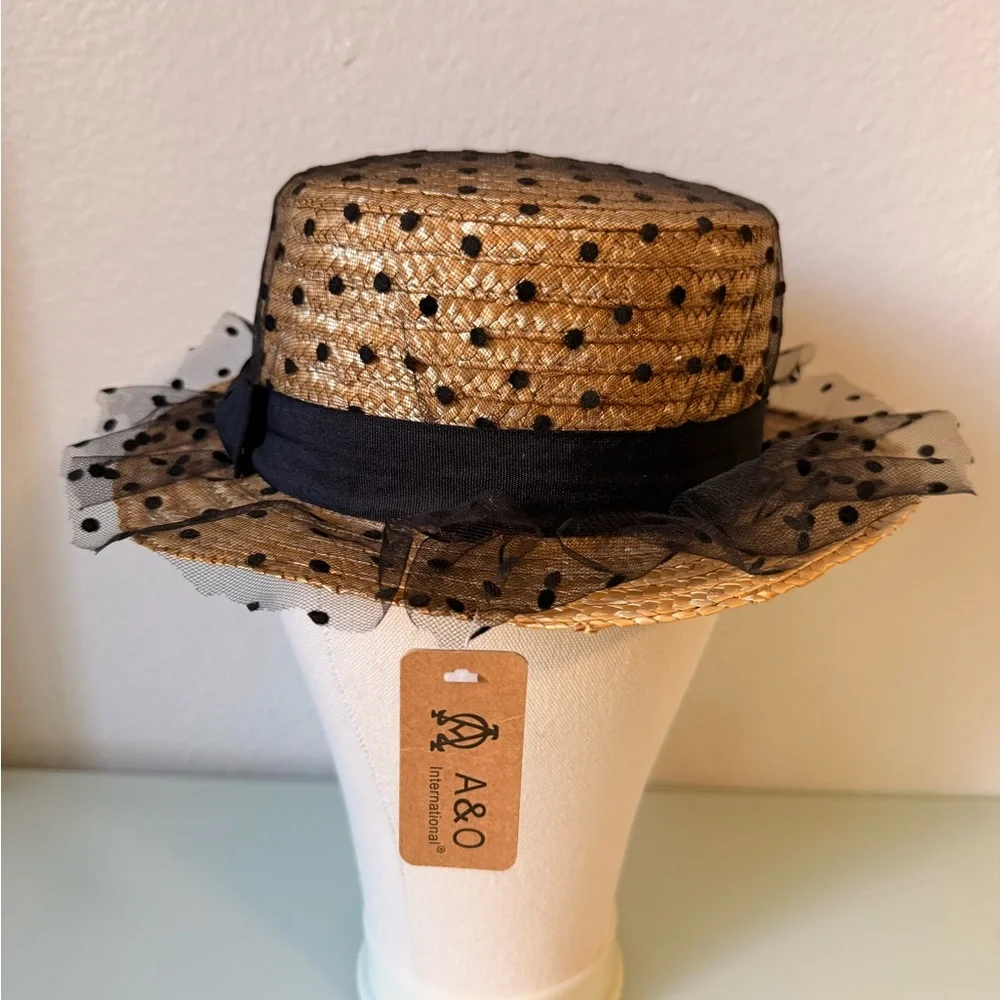 Straw Sun Hat with Black Polka Dot Veil and Band by A&O
